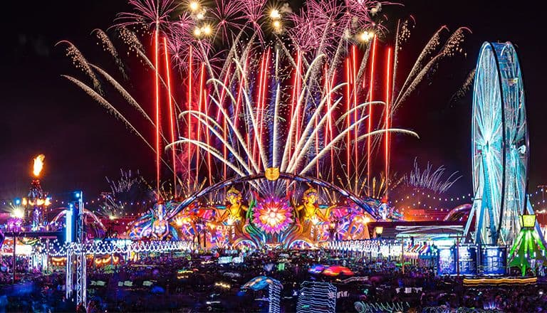 EDM festival main stage with fireworks